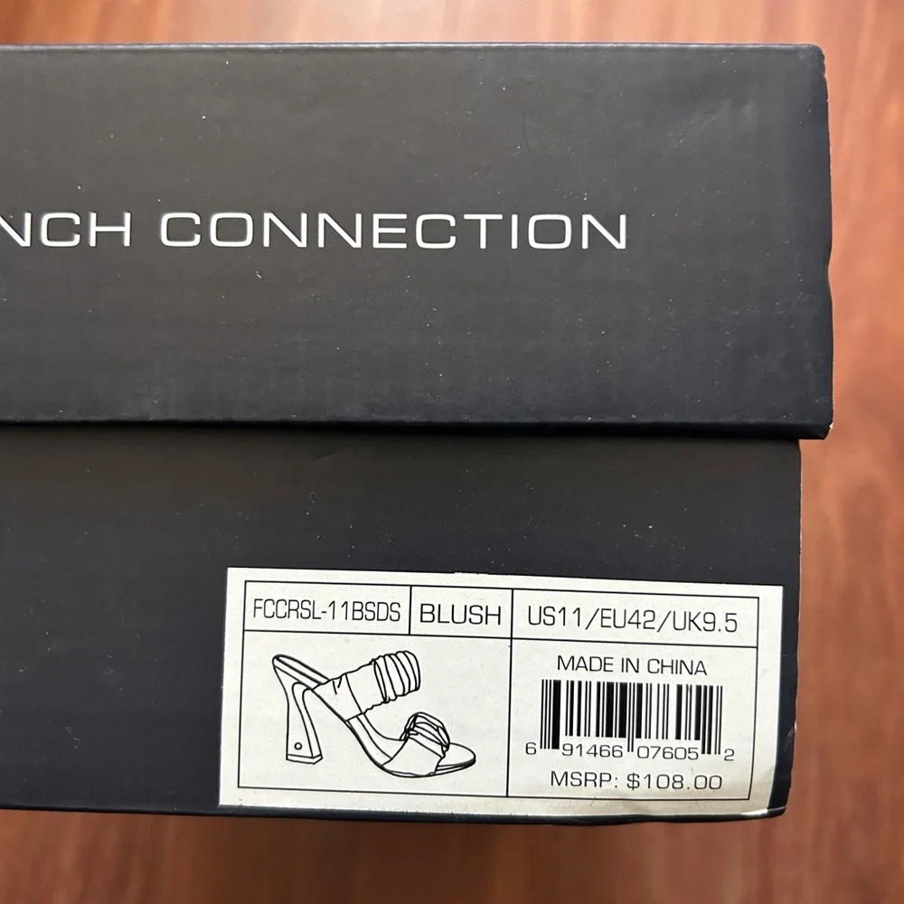 French Connection Crystal Ruched Block Heel Sandals Blush Vegan Leather US 11